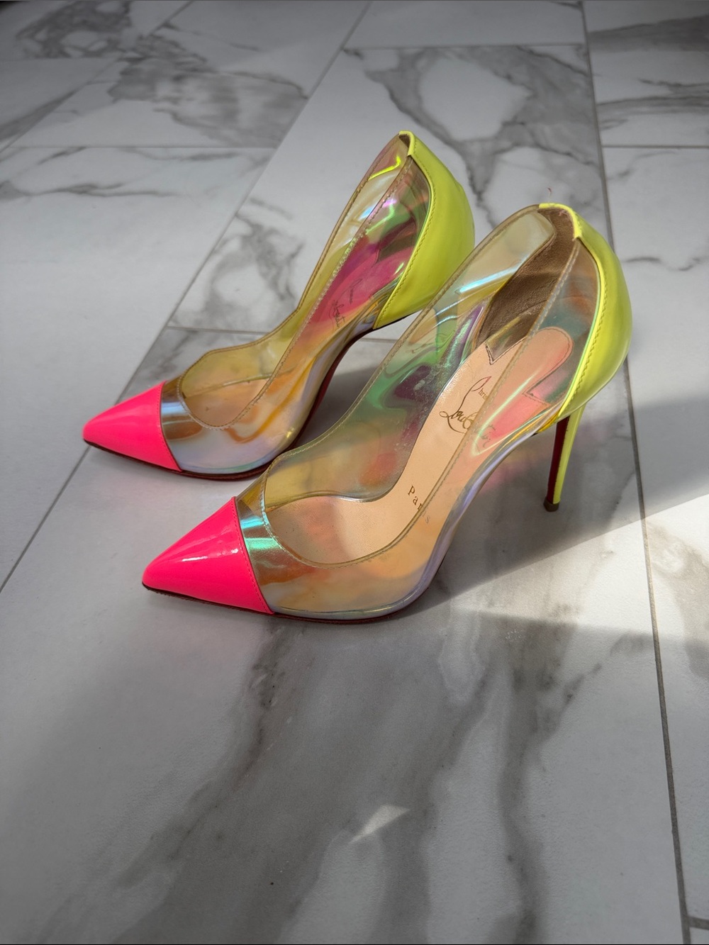 Christian Louboutin Debout 100 Patent PVC Pumps Yellow & Pink US 8.5